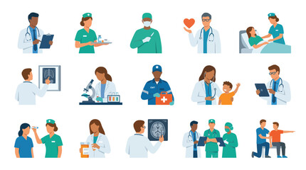 Fototapeta premium Diverse Medical Healthcare Professionals and Patients Flat Illustration Set with Doctors, Nurses, and Equipment