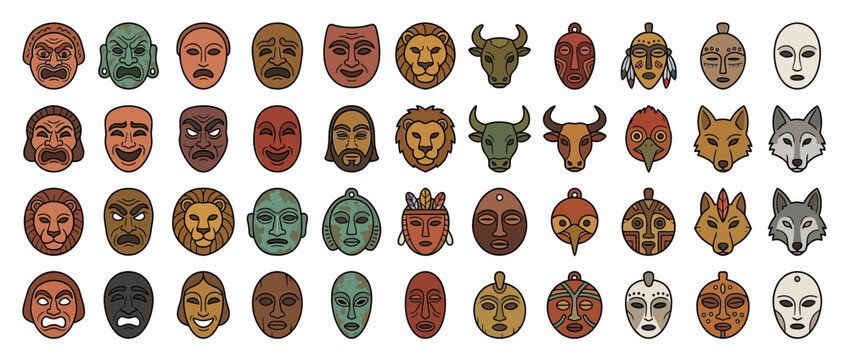 Collection of diverse stylized masks and faces