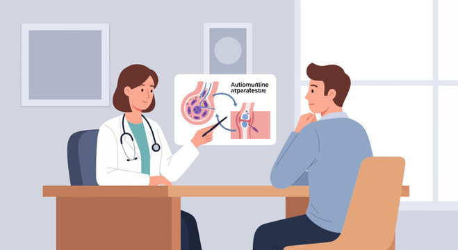 Doctor explaining joint anatomy to patient, medical illustration