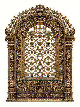 Grand South Indian temple window with botanical lattice, floral carving and layered antique bronze architectural frame