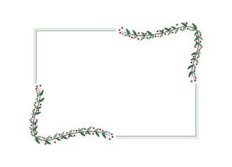 Naklejka premium Green Rectangle Border Frame With Plant Leaves And Red Cherry Berries