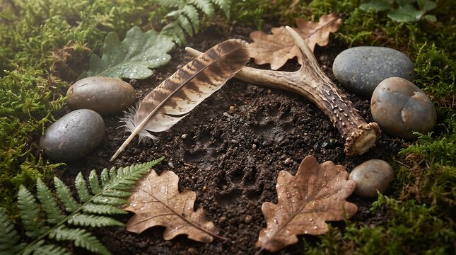 Natural forest floor arrangement with feather antler and leaves.