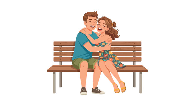Couple embracing on a wooden park bench vector illustration