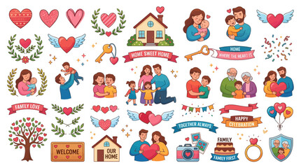 Fototapeta premium Family Themed Vector Bundle With Hearts and Home Symbols for Sweet Celebrations and Loving Relationships Decorative Design Elements