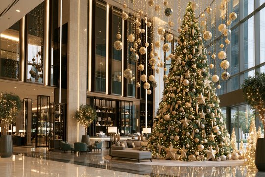 Grand luxury hotel lobby decorating for christmas holiday