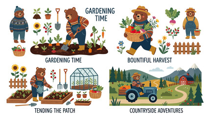 Fototapeta premium Whimsical Bears Enjoying Garden Activities and Countryside Life