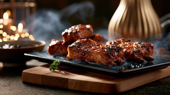 Smoked pork belly with glaze served on a dark platter with subtle steam and bokeh lights in a restaurant setting