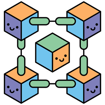 Cute kawaii blockchain technology with smiling cube characters