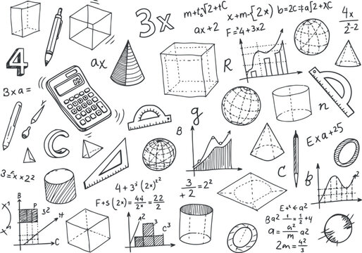 Hand drawn mathematical concepts and geometric shapes collage