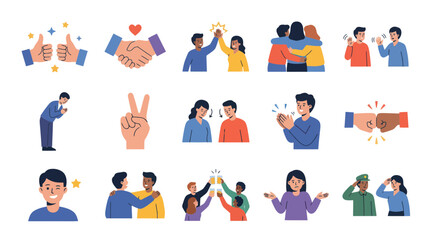 Fototapeta premium Flat Vector Illustration Set: Diverse Human Interaction Gestures, Social Communication, and Business Etiquette