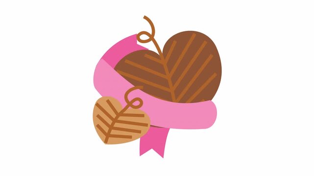 Pair of autumn heart leaves wrapped in pink ribbon cartoon animation for fall season love concept and Thanksgiving element isolated on an alpha channel.