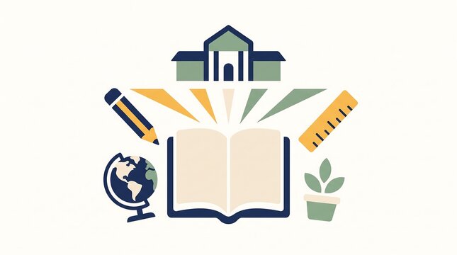 Educational concept illustration with school supplies and building.