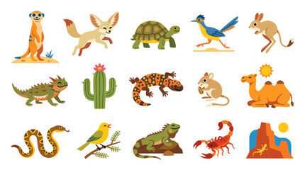 Fototapeta premium Flat Vector Illustration of Cute Desert Animals and Plants Set - Wildlife, Fauna, Flora Collection