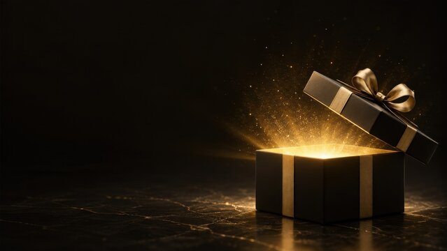 Golden gift box opening on dark background with copy space
