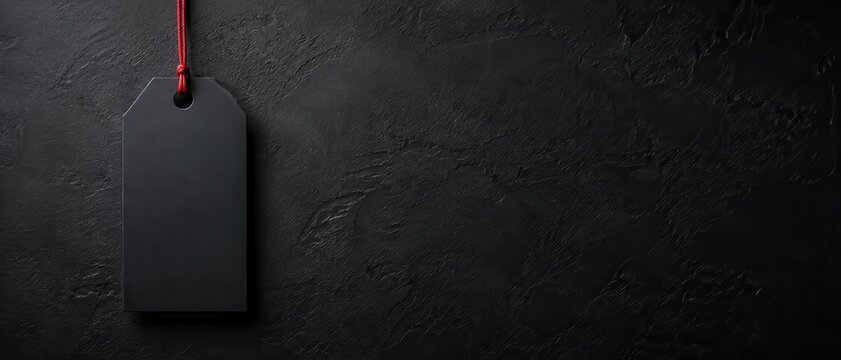 Blank hanging price tag on dark textured background