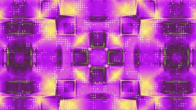 Abstract digital background with glowing purple and yellow geometric patterns and light effects.
