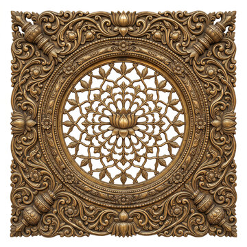 Circular South Indian temple window with radial floral rosette, botanical carving and ornate antique bronze frame