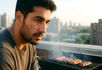 Fototapeta premium Rooftop barbecue and urban grilling, young man cooking meat on a grill with city skyline in background at sunset