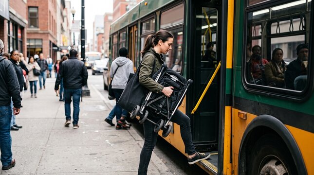 Woman boarding city bus with folded stroller and tote bag on a busy urban street