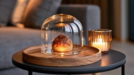 Obraz premium A dessert under glass dome on wooden tray beside lit candle
