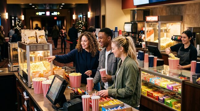 Friends happily buying popcorn and snacks at a movie theater concession stand