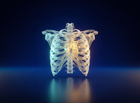 3D Glowing Human Rib Cage Anatomy Illustration on Dark Blue Background