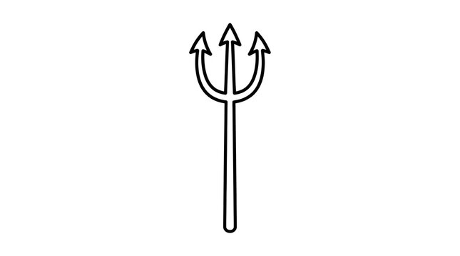 Simple black line art illustration of a trident. Ideal for devil, demon, Poseidon, or ocean-themed mythology designs and Halloween concepts