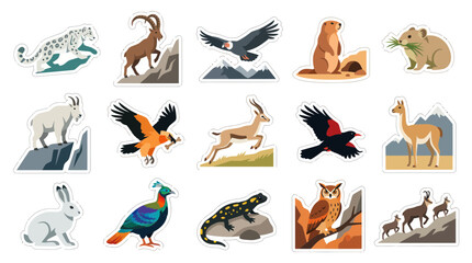 Fototapeta premium Flat Design Mountain Wildlife Animals Vector Stickers Set