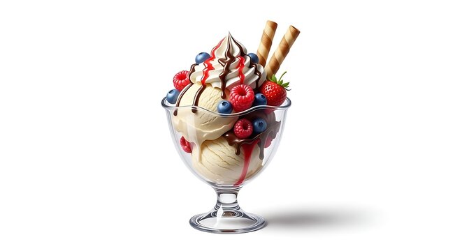 Chocolate and vanilla ice cream sundae with wafer stick on white