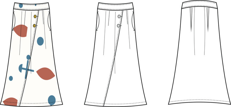 Women's button down shirt with tiered puff sleeves technical flat fashion sketch front and back view.eps,