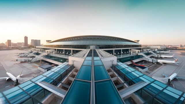 Modern airport terminal building with glass jet bridges, commercial airplanes parked at gates, aviation hub infrastructure at sunrise