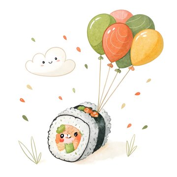 Cute sushi roll character flying with colorful balloons and a smiling cloud in watercolor style
