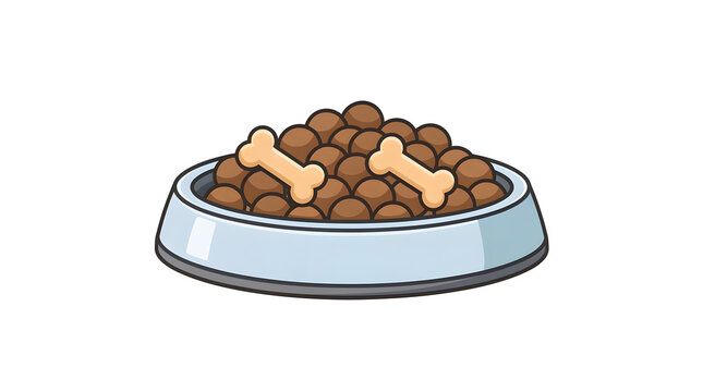 Dog food bowl filled with dry crunchy kibble and bone treats rests against a plain background.
