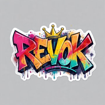 Bold Wildstyle Graffiti Sticker Logo REVOK with Crown and Colorful Gradient