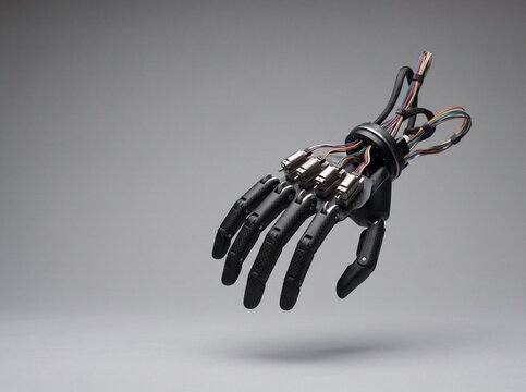 Floating bionic robotic hand prosthesis with carbon fiber fingers, micro actuators, and colorful wiring over gray background