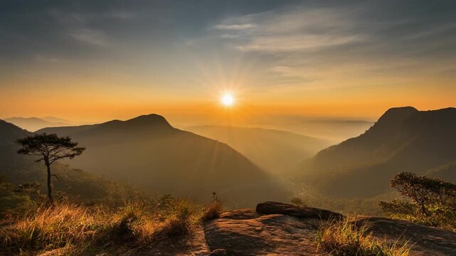 Beautiful sunrise over the mountains in bueng kan thailand