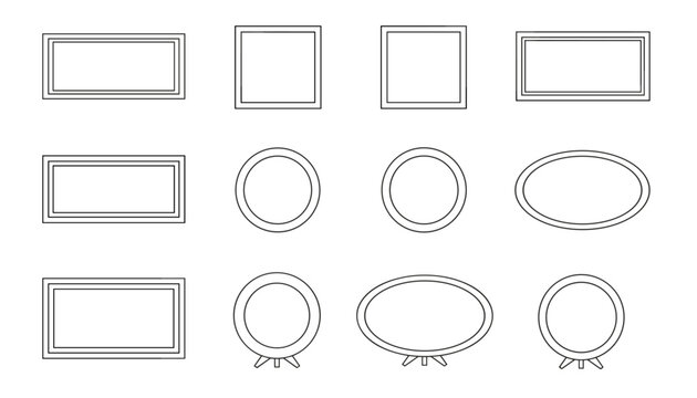 Collection of twelve simple black and white line frames includes rectangular, square, circular, and oval shapes.