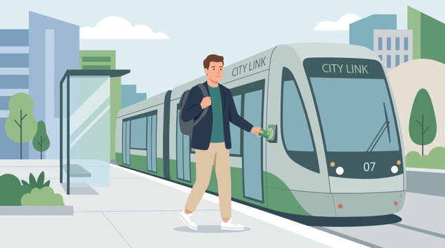 Man boarding city tram, paying fare with ticket, urban public transport