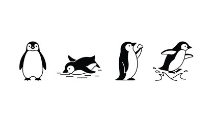 Obraz premium Black and white illustrations of adorable penguins shown standing, swimming, and sliding on ice in various poses.