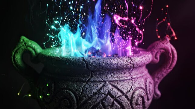 A mystical stone cauldron emits vibrant, color-changing flames and sparkling magical particles on a dark background.
