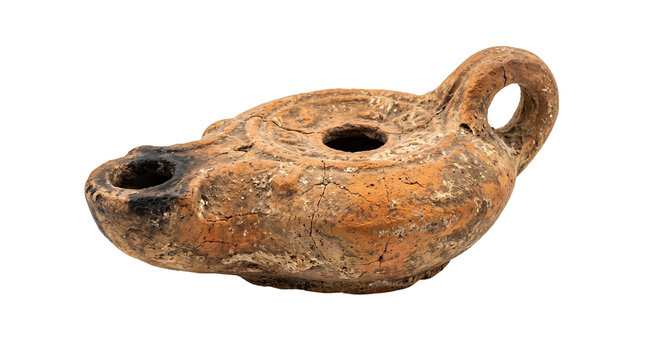 Ancient clay oil lamp, antique terracotta roman style lamp, weathered ceramic artifact with soot marks, historical lighting vessel isolated PNG with Transparent Background