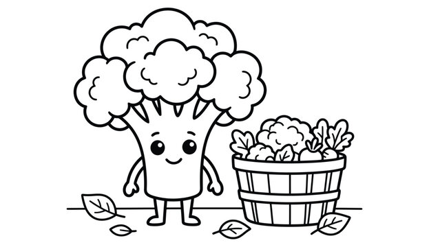 Cute broccoli character standing near a basket full of broccoli florets illustration