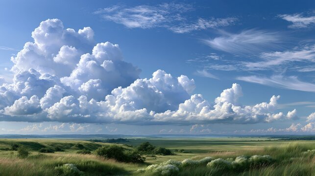 Cumulus clouds drift across a vast blue sky over rolling green fields during a sunny day with soft light