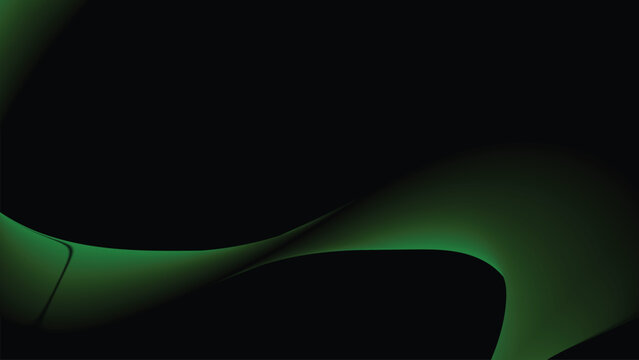 Abstract green wave on black background, futuristic flowing silk curves, elegant dark emerald gradient vector for technology backdrop