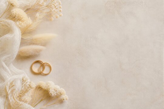 Wedding rings placed among dried flowers on beige backdrop