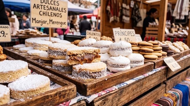 Traditional Chilean Alfajores with Dulce de Leche and Coconut at an Outdoor Street Market