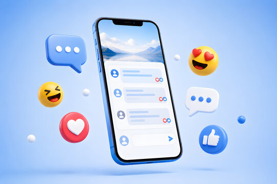 Smartphone screen with social media feed and chat bubbles.