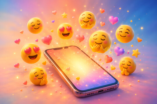 Mobile phone with glowing screen and floating heart icons.
