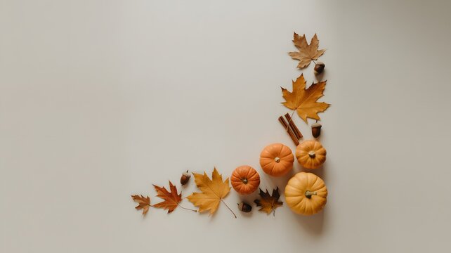 Small orange pumpkins arranged with dried autumn leaves and cinnamon sticks on a plain white background