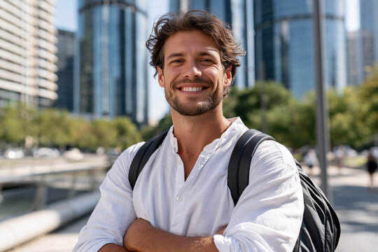 Young man smiles warmly, arms crossed. Modern cityscape frames his confident pose. White shirt and backpack suggest urban student or professional. Bright daylight enhances his cheerful